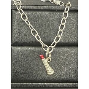 EUC 7.25" Sterling Silver Charm Bracelet Lipstick Charm 6.9 Grams J16